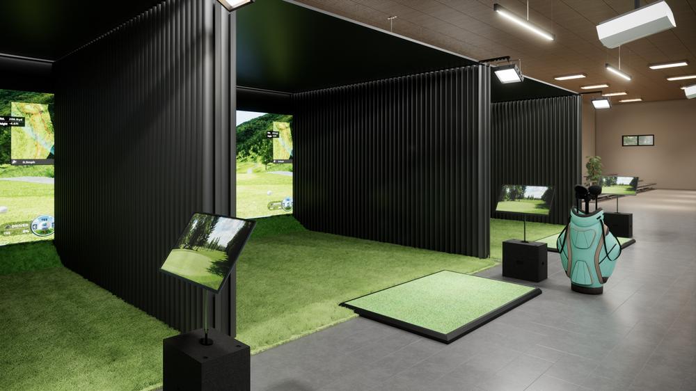 Commercial golf simulator facility with several enclosed bays