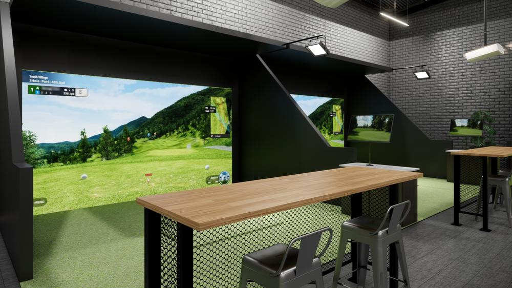 Golf simulator bar and lounge with high top seating