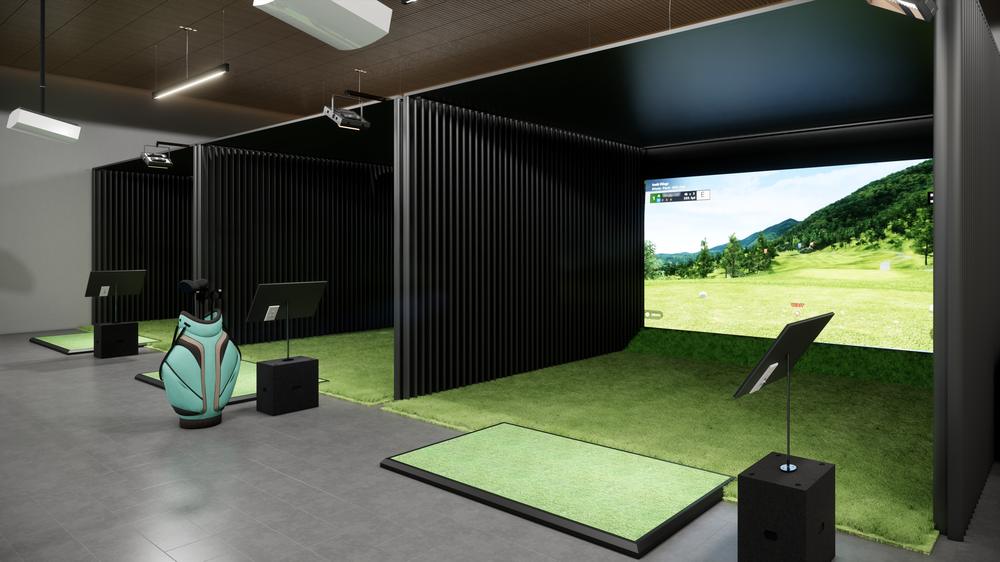 Multi bay commercial golf simulator lounge with touchscreen consoles